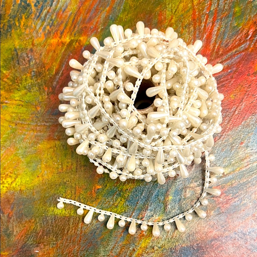 Pearl Bead Edge Chain Water Droplets Shape Sew On Trims Sewing 7 yards Vintage